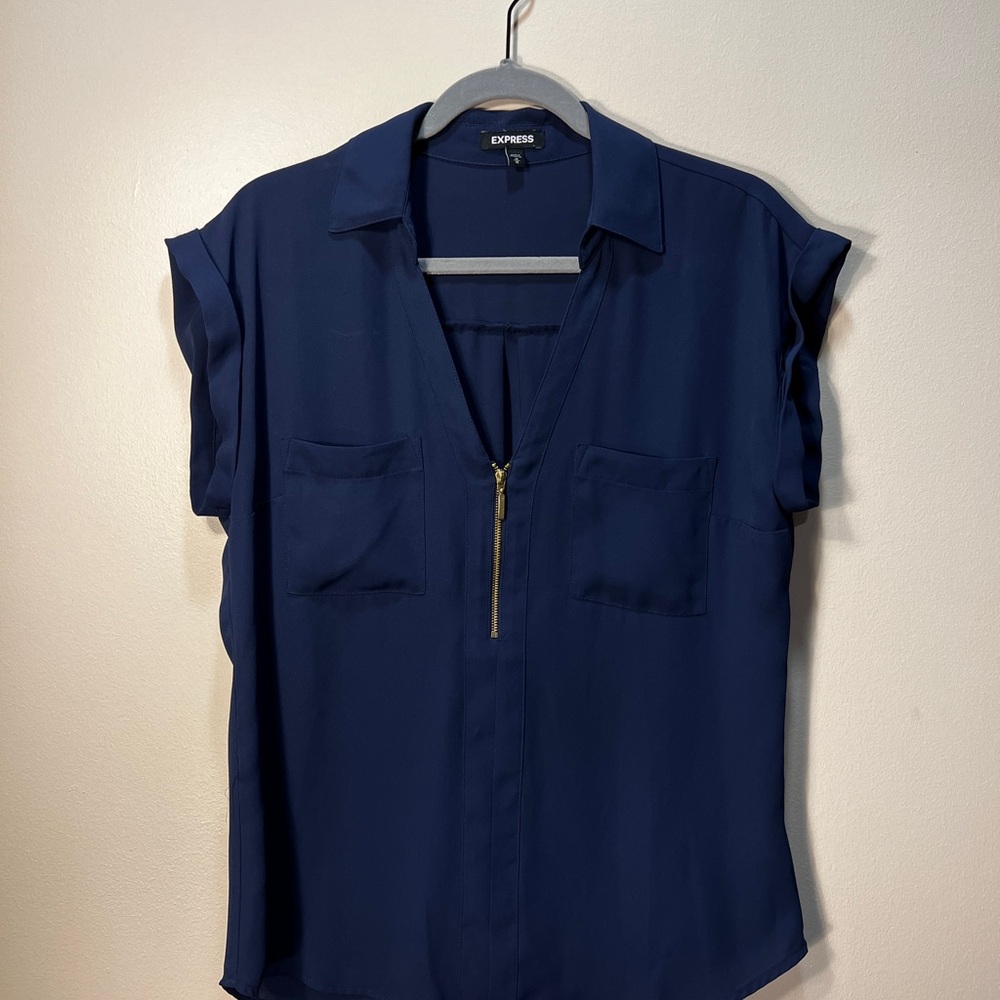 Express Blue Cuffed Sleeve Blouse with Notched Collar